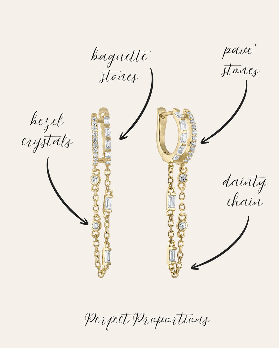 14k Gold Vermeil Baguette Double Chain Drop Huggie Earrings